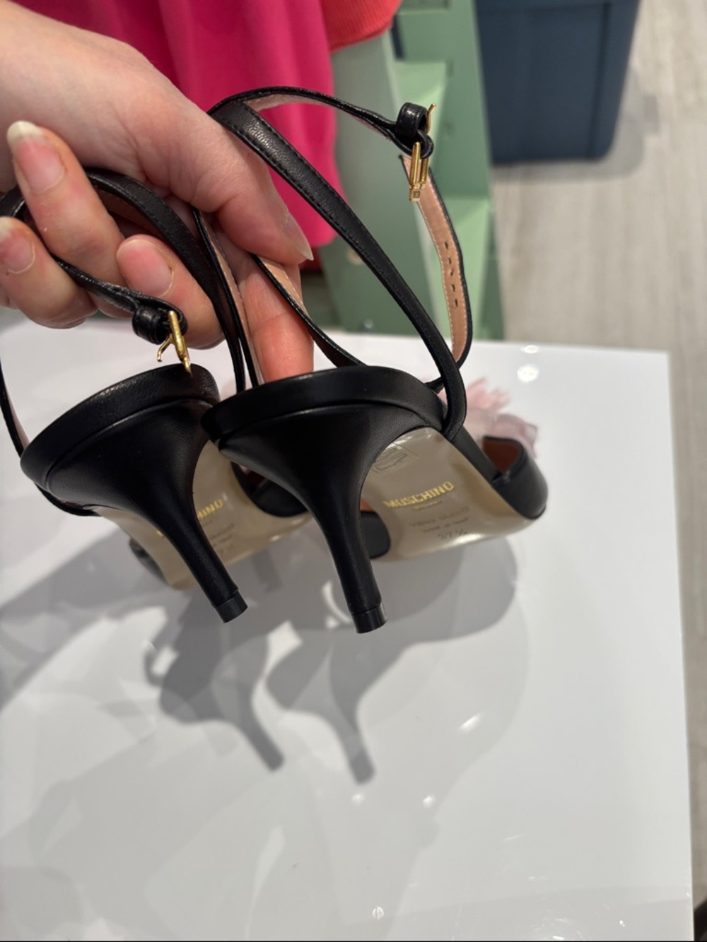Moschino Black Sandal Heels with Pink Floral Appliqué - Picture 3 of 3